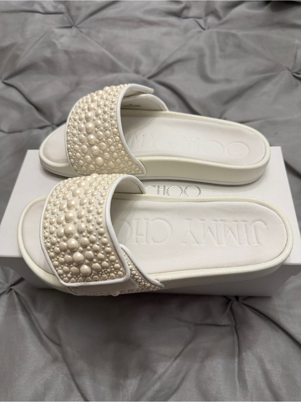 Jimmy Choo Ivory Pearl-Embellished Slide Sandals
